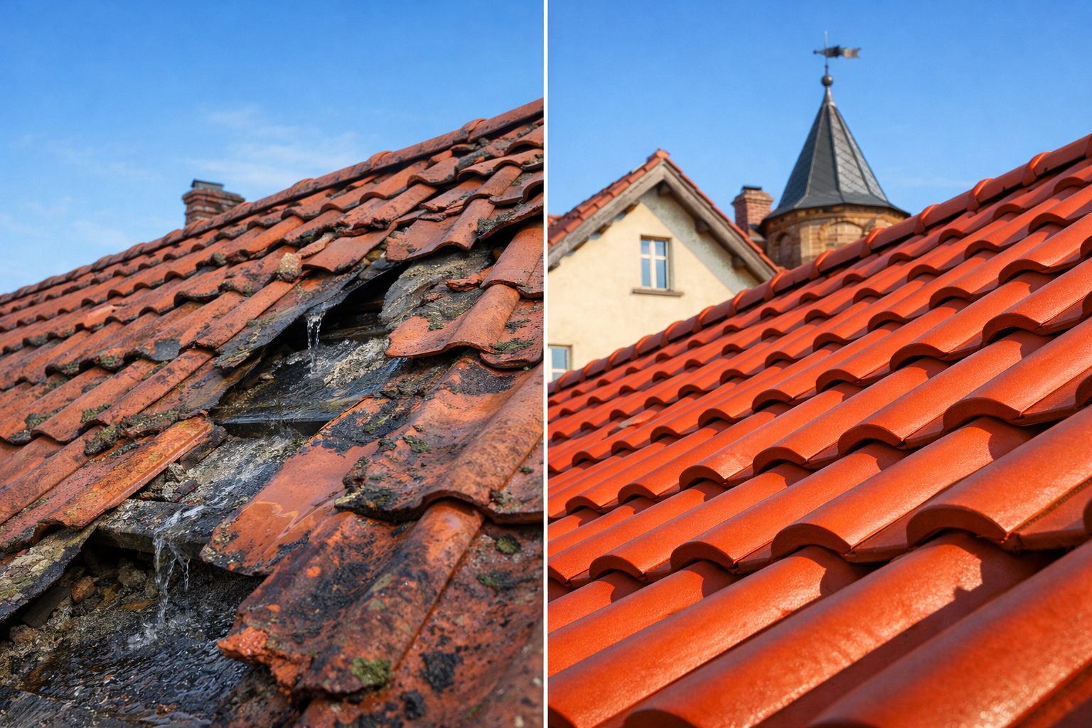 Jumta remonts pirms un pēc — bojāts jumts pilnībā atjaunots